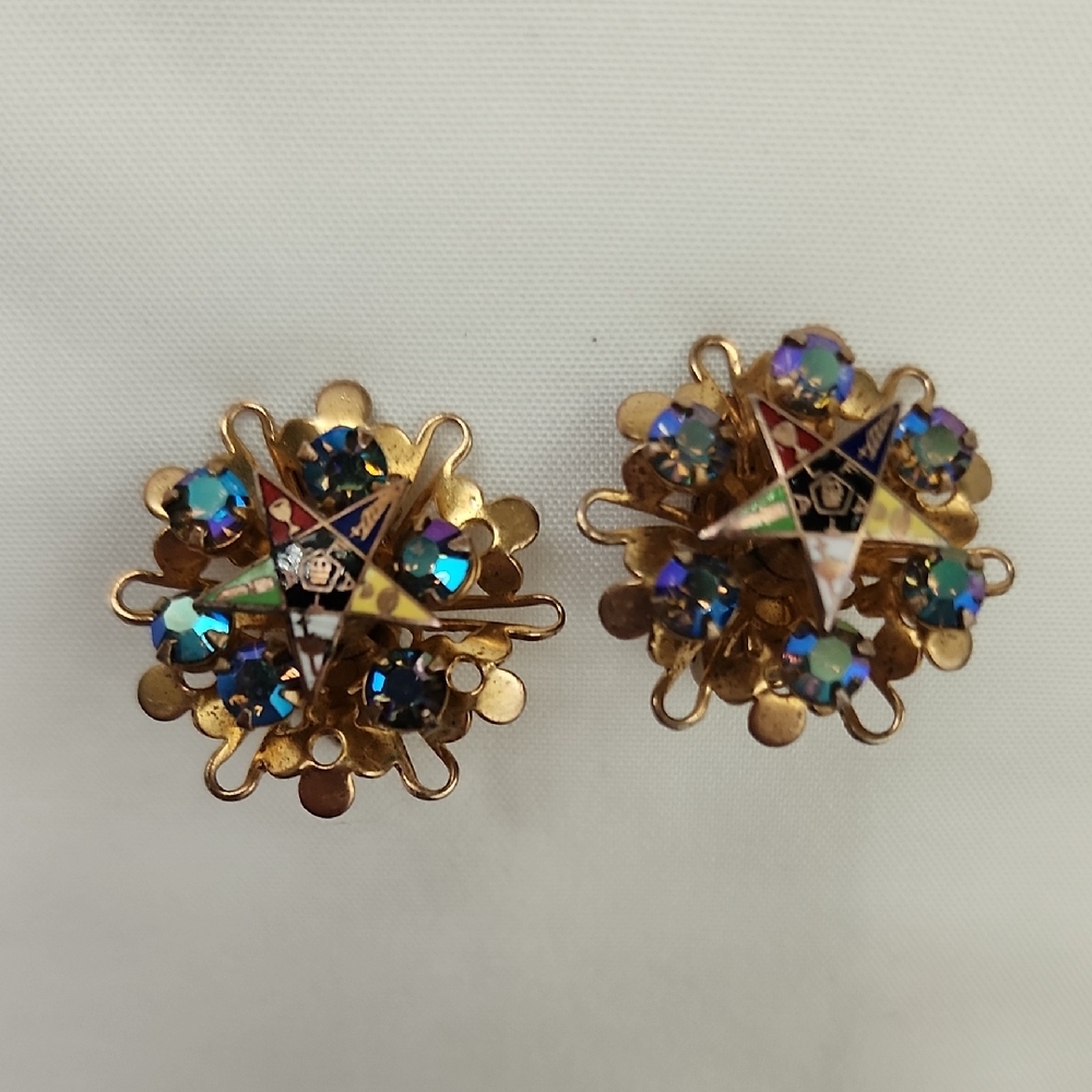 Elegant Masonic Order of the Eastern Star Womens Clip On Rhinestone Earrings